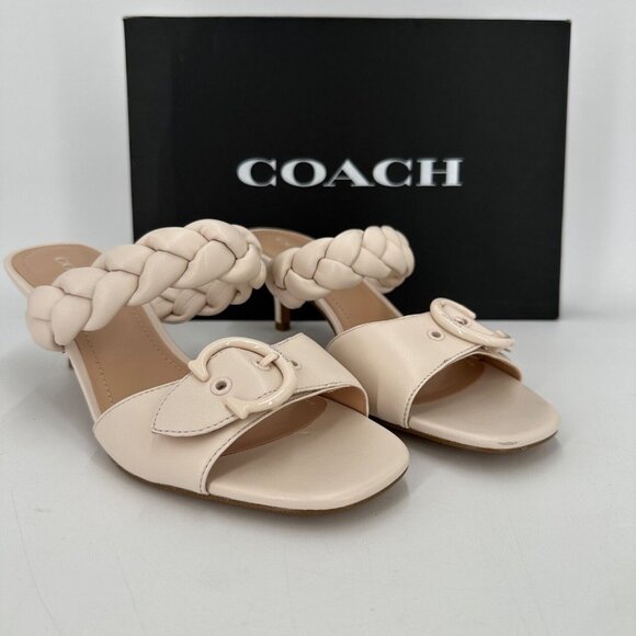 Coach Women's Mollie Leather Heeled Sandals sz 9.5 White Braided & Buckle Strap